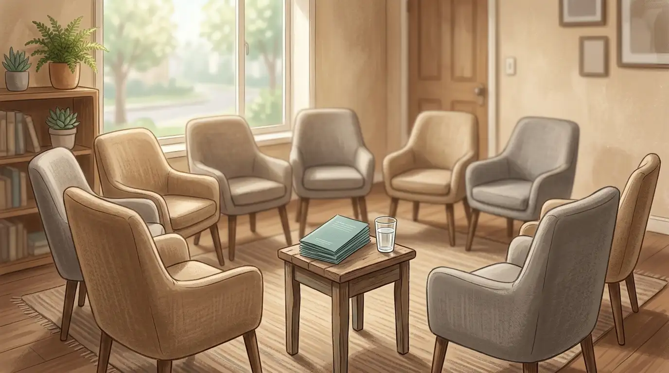 Visualisatie van een AGOG-lotgenotengroep met enkele stoelen in een halve cirkel rond een tafel met informatiefolders, in een rustige bijeenkomstruimte