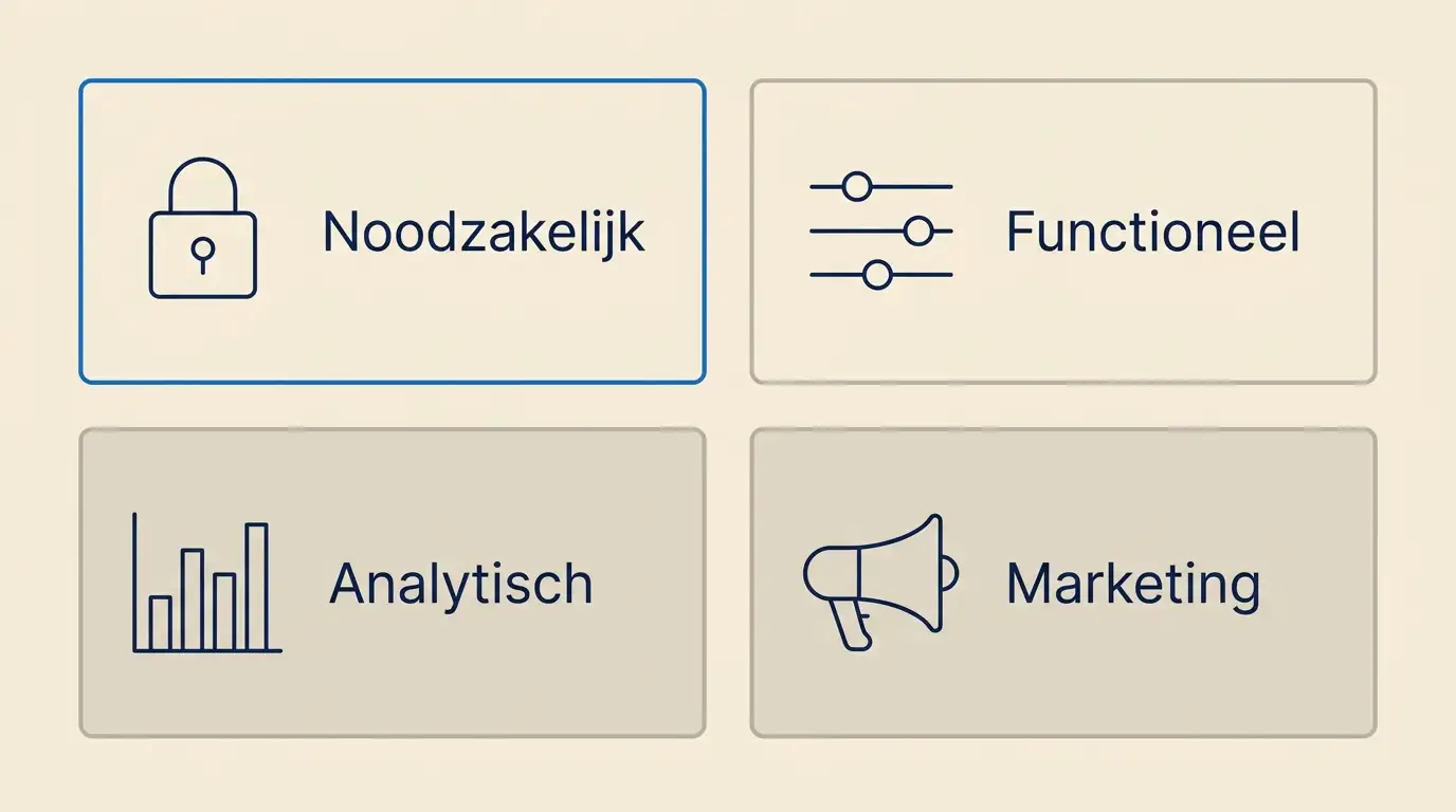 Overzicht van de vier cookie-categorieën op de site: noodzakelijke, functionele, analytische en marketingcookies, met de bijhorende toestemmingseisen