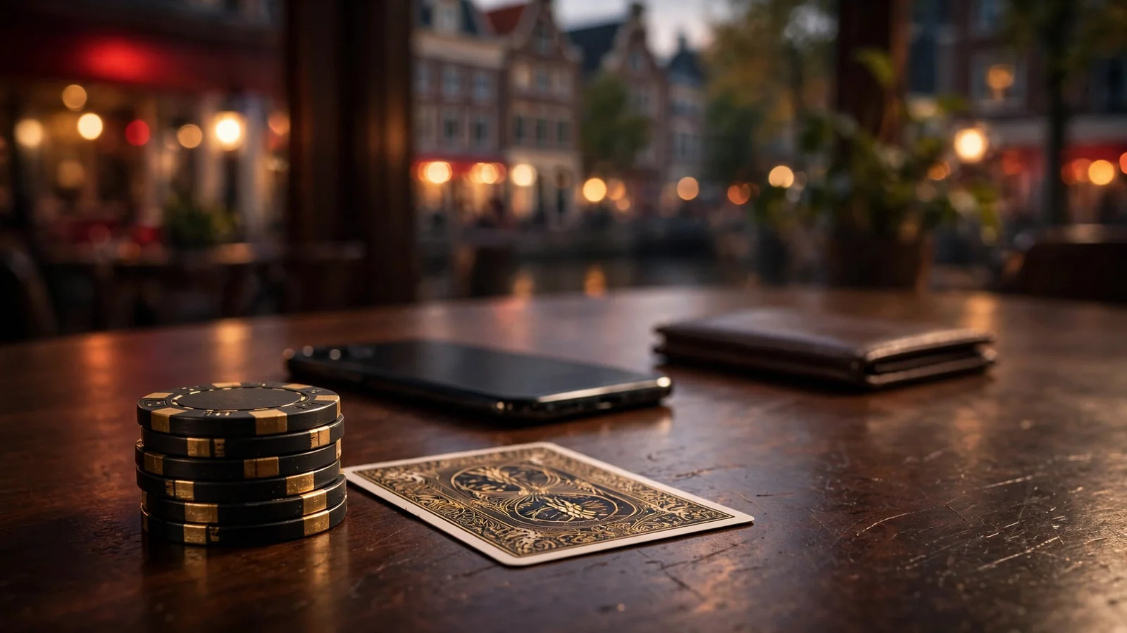 Stapel casinochips en een gesloten telefoon op een houten tafel