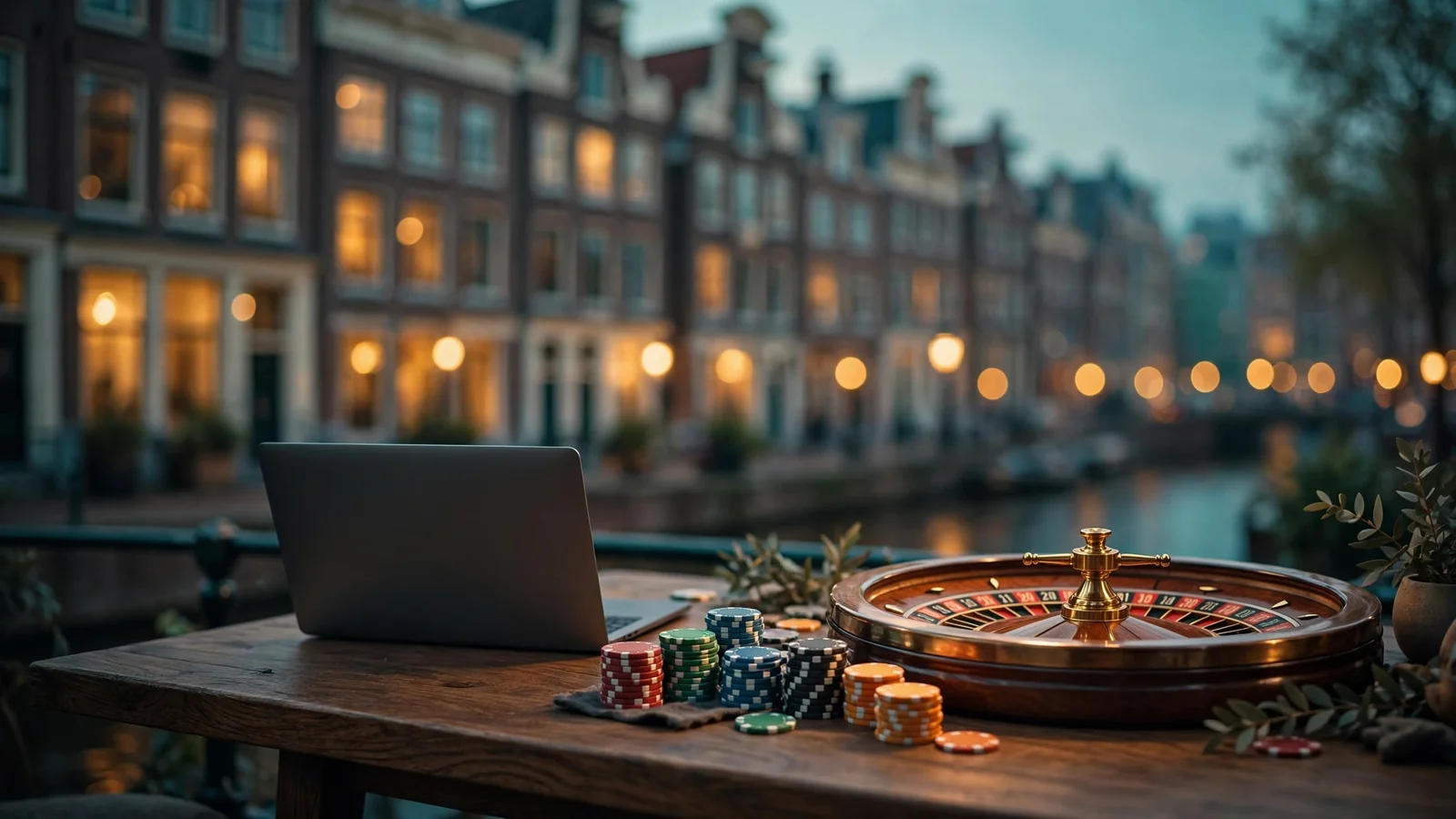 Casinotafel met fiches en roulette naast een moderne laptop in een Nederlands casino-interieur