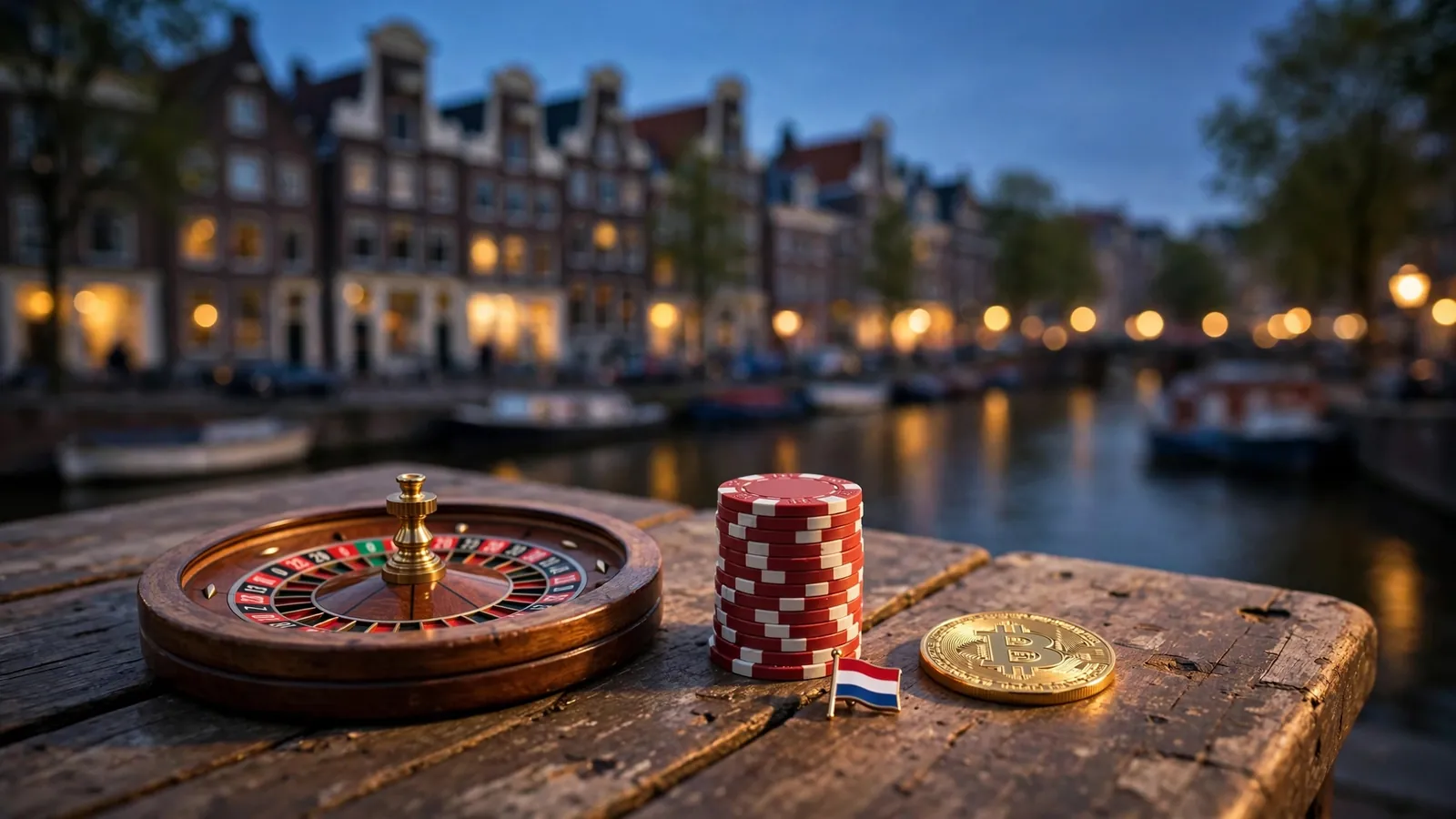 Houten tafel met roulettewiel, pokerfiches en bitcoin langs Amsterdamse gracht