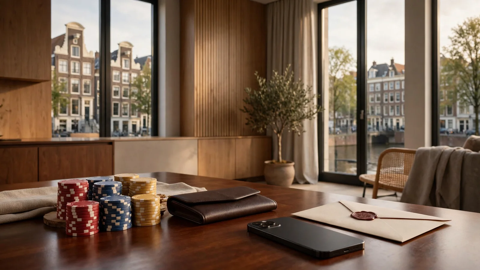 Stijlvolle Hollandse setting met casinofiches en een afgesloten telefoon