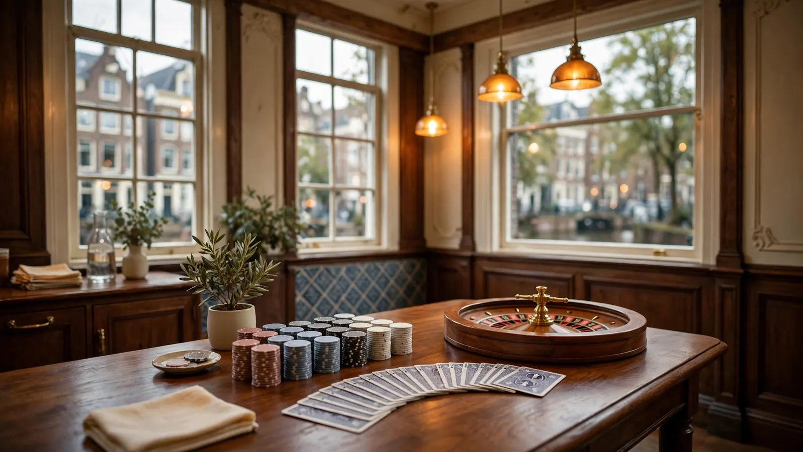 Sfeerbeeld van een stijlvolle speeltafel met fiches en kaarten in een Amsterdams grachtenpand