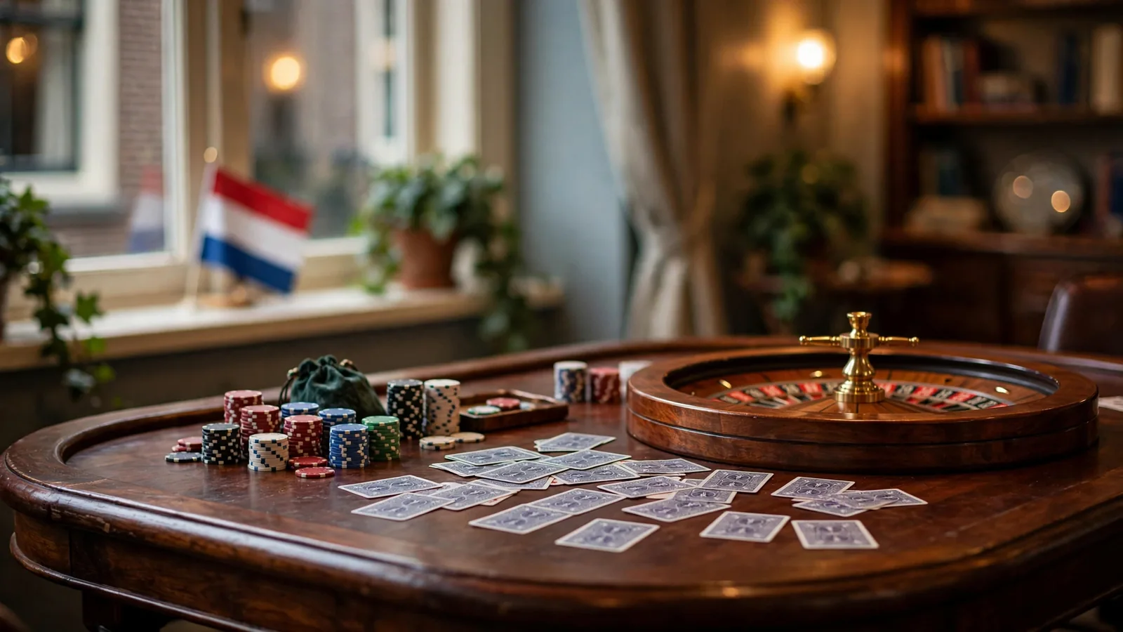 Een stijlvolle casinotafel met kaarten, roulette en fiches in een sfeervol interieur