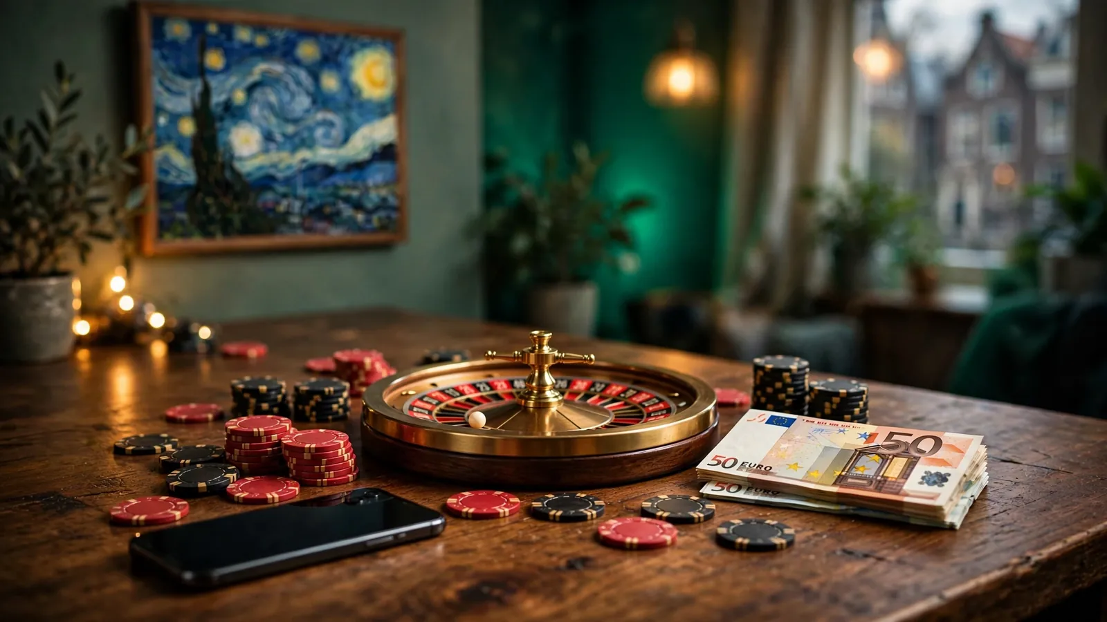 Roulette, fiches en euro's op een elegante casinotafel