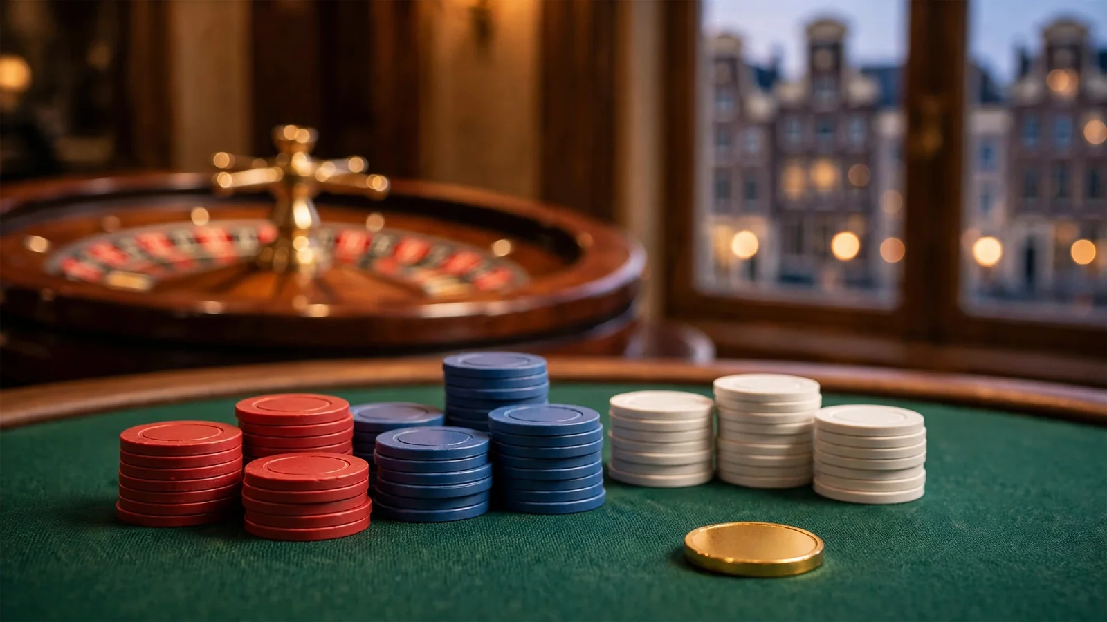 Groene casinotafel met kleurrijke fiches, gouden token en roulette op de achtergrond