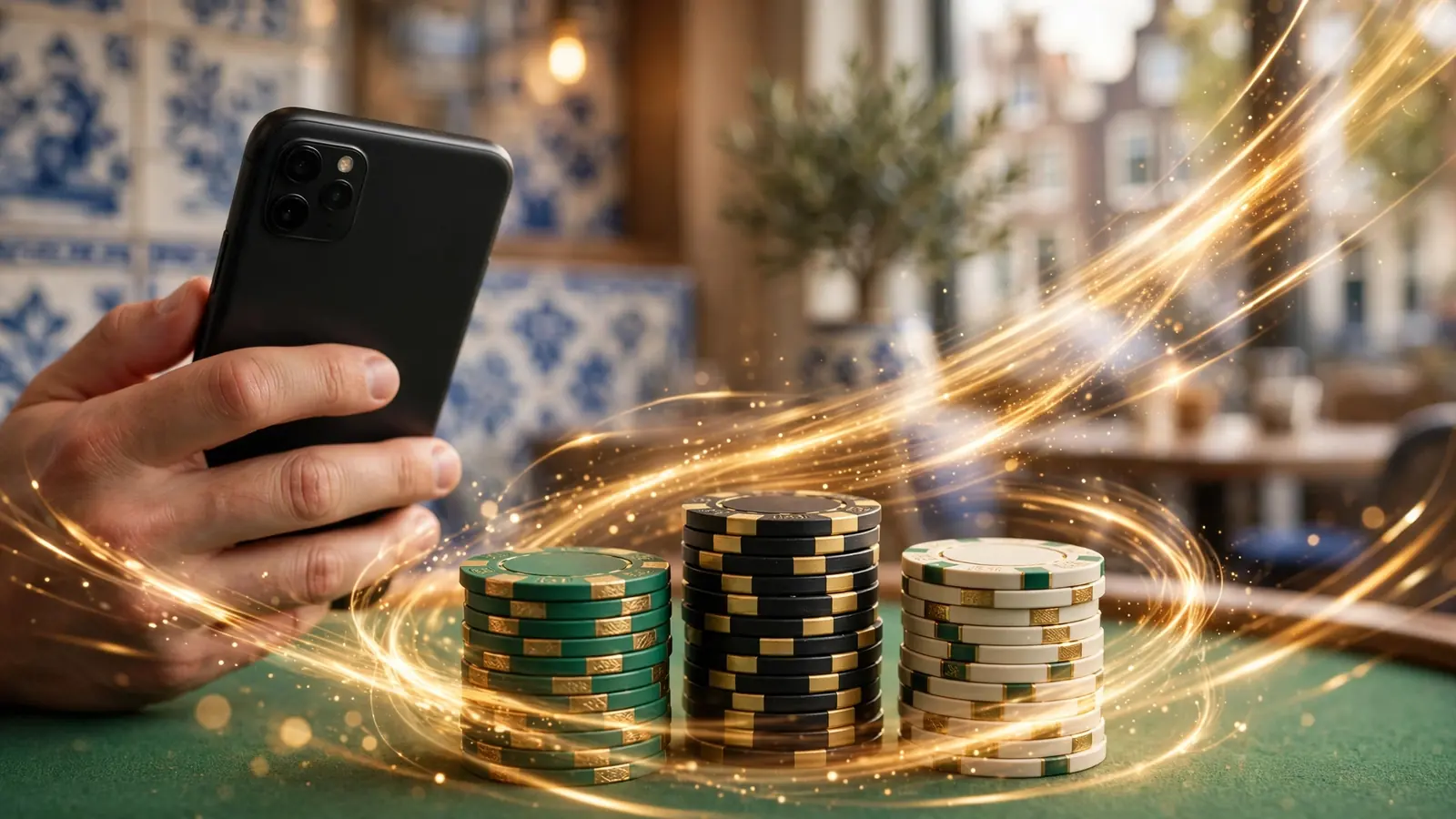 Smartphone en casinofiches op groene vilttafel met snelheidspoedspoor