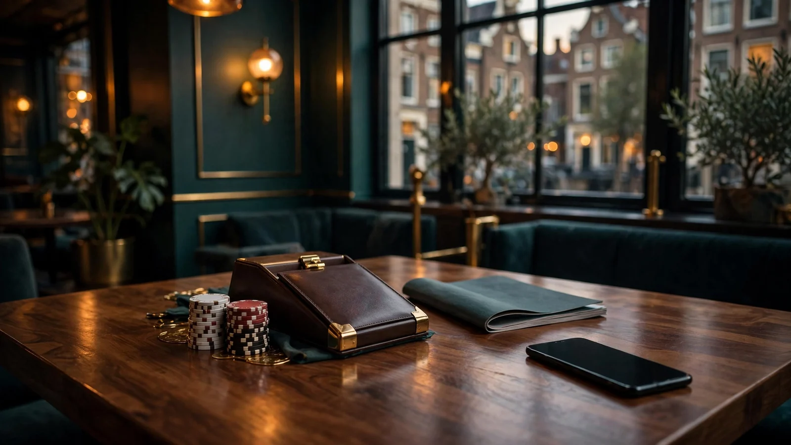 Sfeervolle Nederlandse lounge met casinofiches op tafel