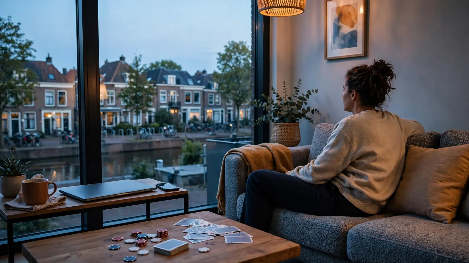 Ontspannen avond met gesloten laptop en casino fiches op tafel