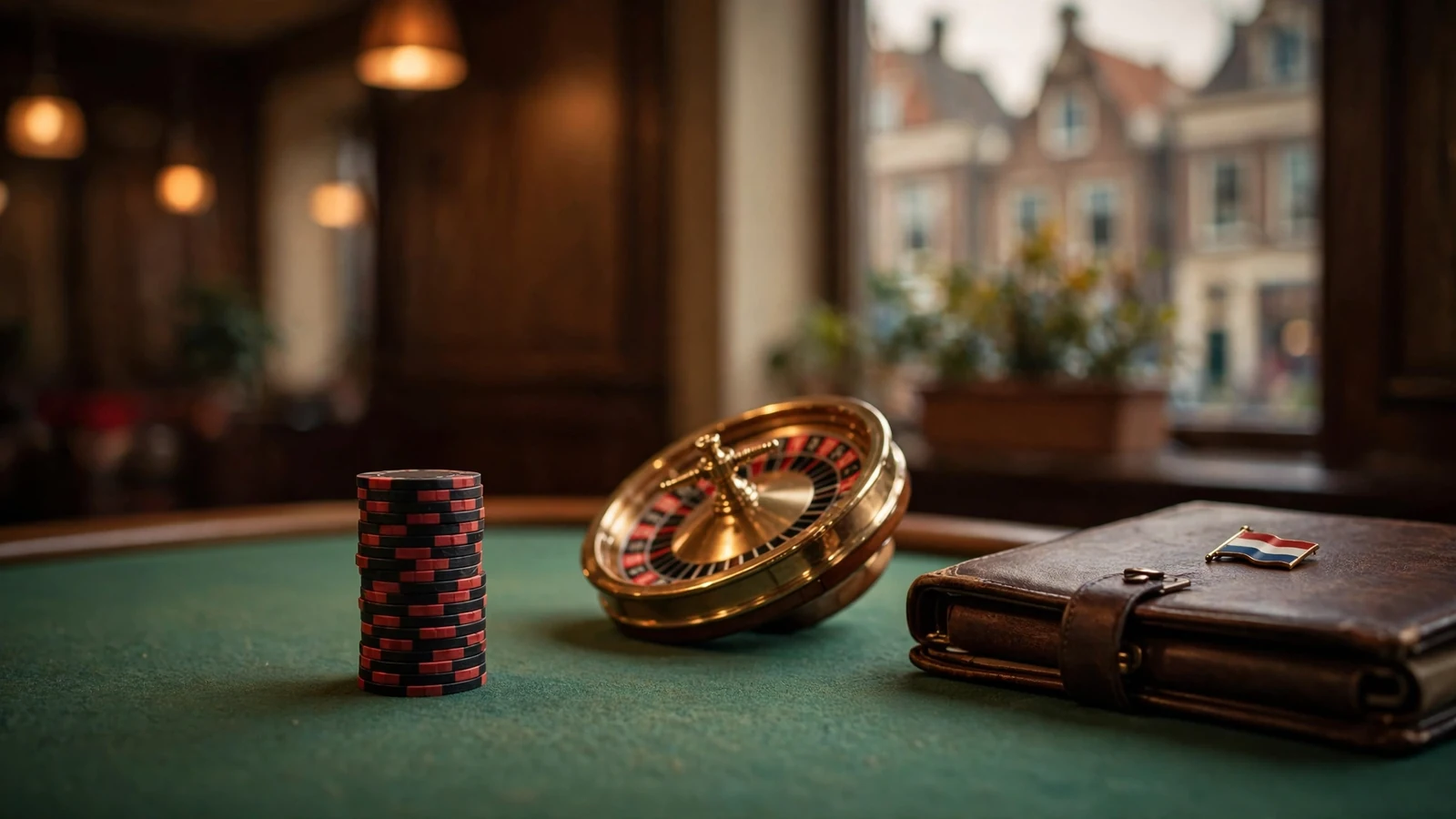 Casinotafel met fiches, roulettewiel en een gesloten registermap met Nederlandse vlag