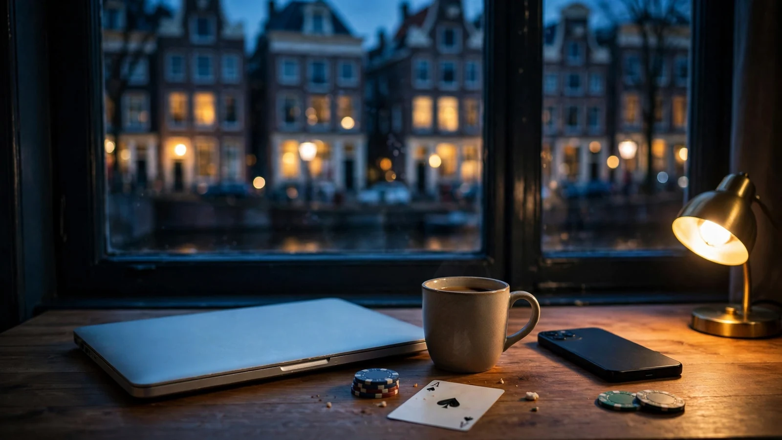 Gesloten laptop op een bureau met speelfiches, naast een raam met Amsterdamse grachtenpanden.