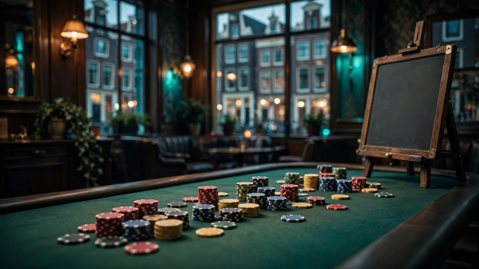 Sfeervolle Nederlandse casinozaal met pokerfiches en toernooileidersbord