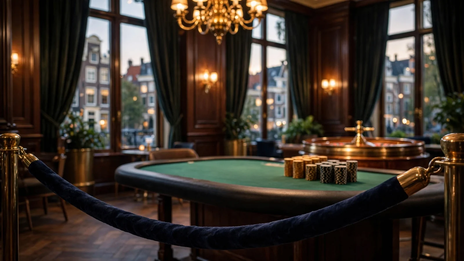 Een afgesloten VIP-livecasinoruimte in Amsterdam met een fluwelen koord voor een blackjacktafel.