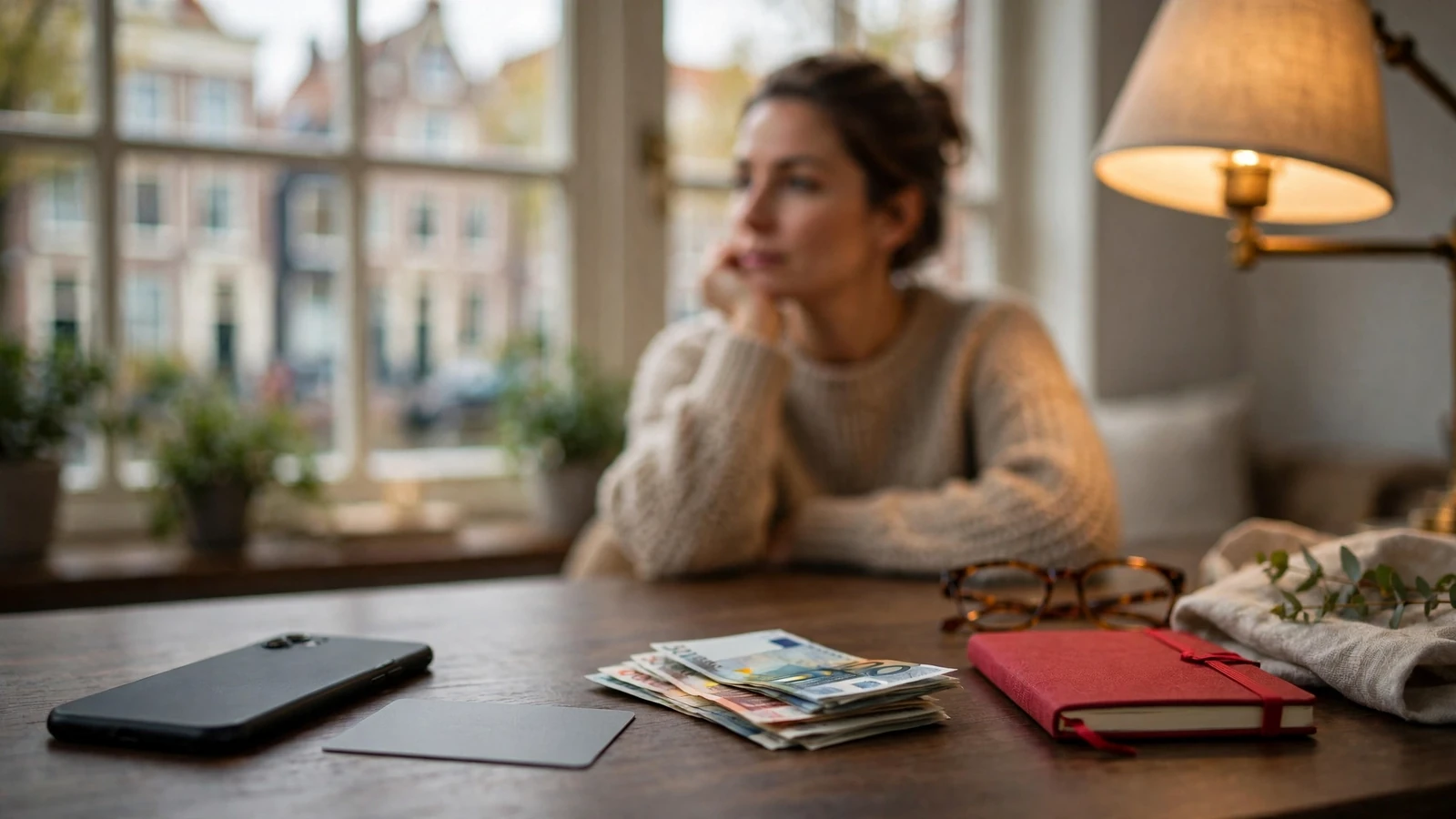 Smartphone met creditcard en euro's op een bureau
