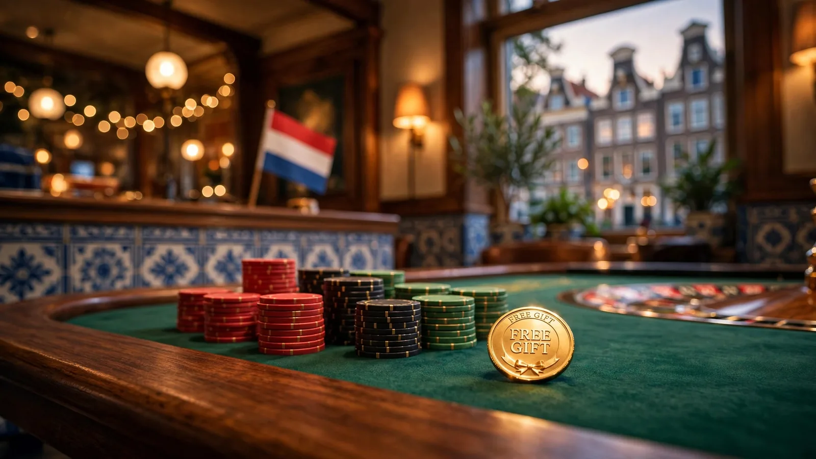 Luxueus Nederlands casino-interieur met roulette tafel, kleurrijke fiches en een gouden munt op groen vilt