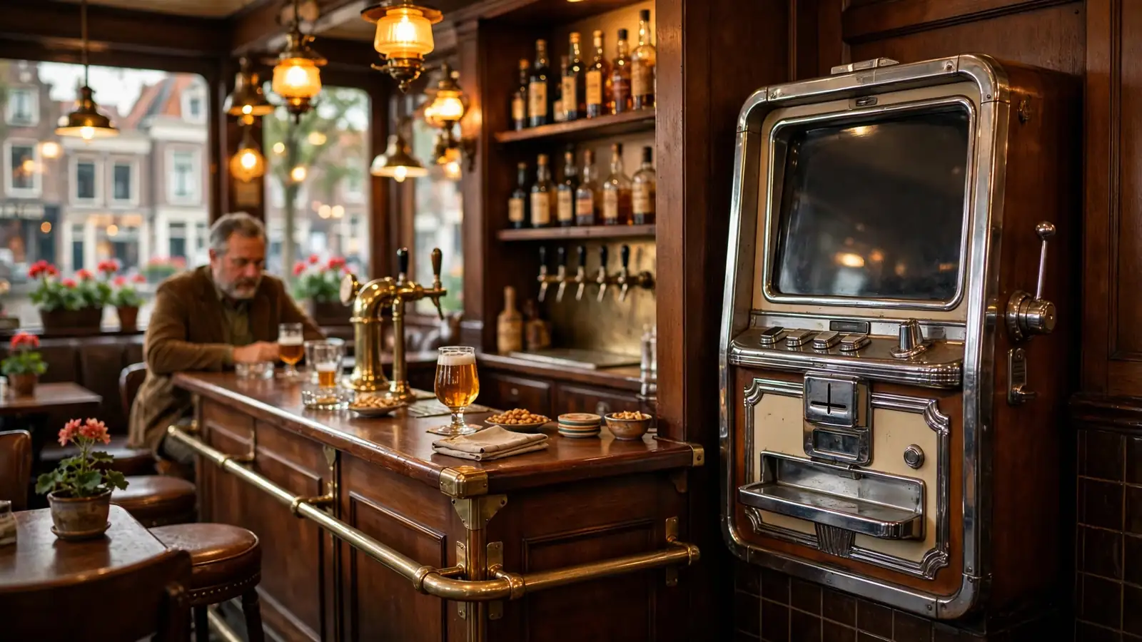 Vintage fruitautomaat in een sfeervol Nederlands bruin café