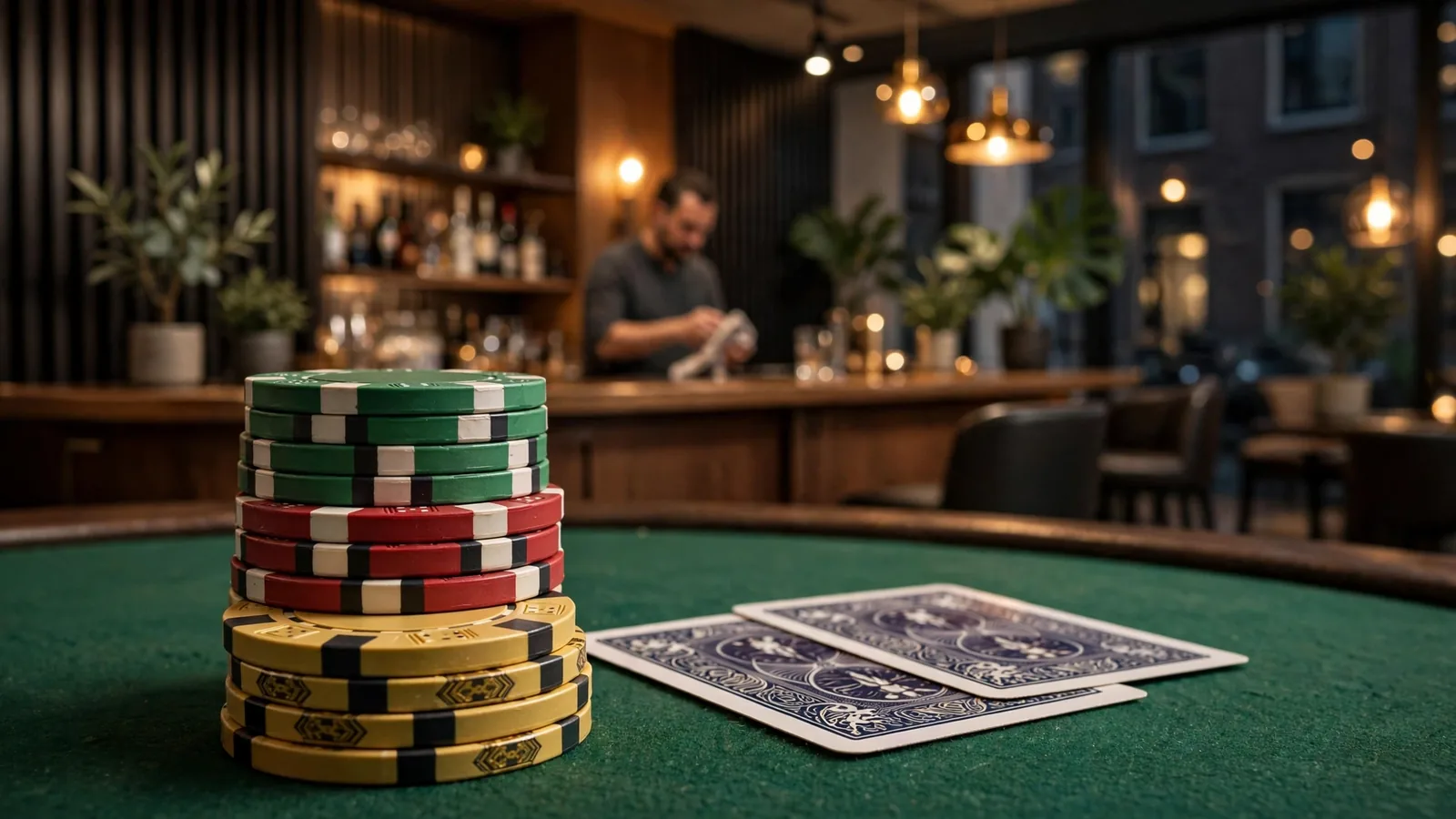 Elegante pokerchips en kaarten op een groene speeltafel in een stijlvol Nederlands casino