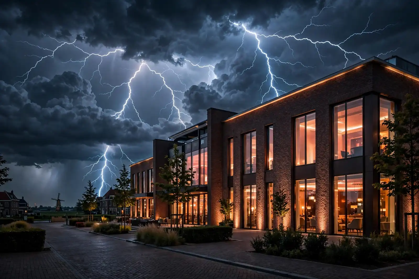 Dramatische casino-lounge met bliksem boven Nederlandse architectuur in het donker