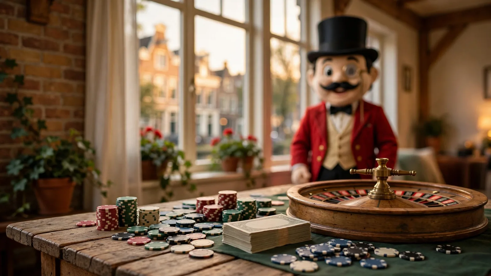 Monopoly Live casinospel sfeer met chips en roulette in een Nederlands interieur