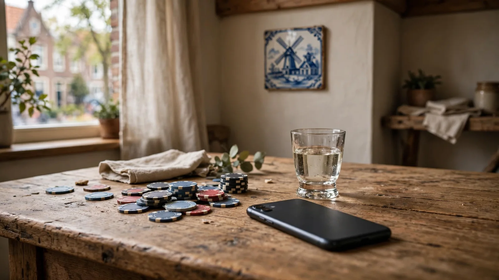Nederlandse tafel met smartphone en casino fiches, zonder inlogscherm