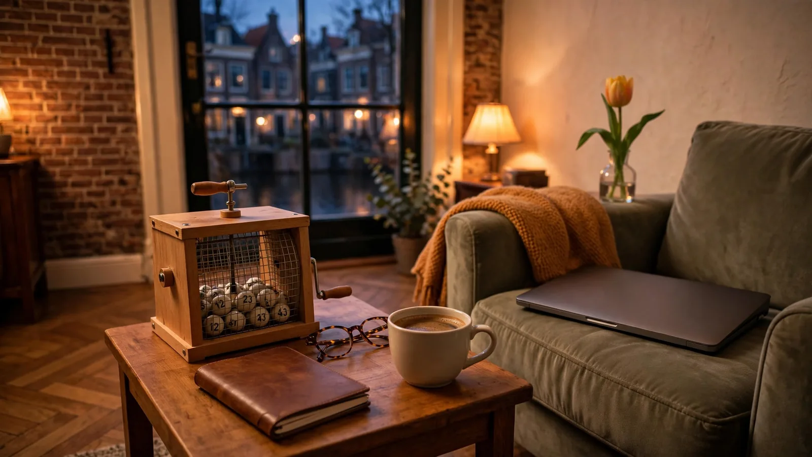 Stille avond in een Nederlands interieur, bingotol en dichte laptop op tafel
