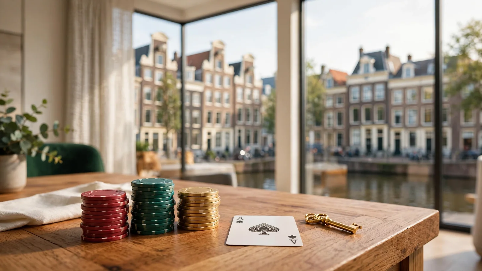 Stapel casinofiches, speelkaart en gouden sleutel op een houten tafel