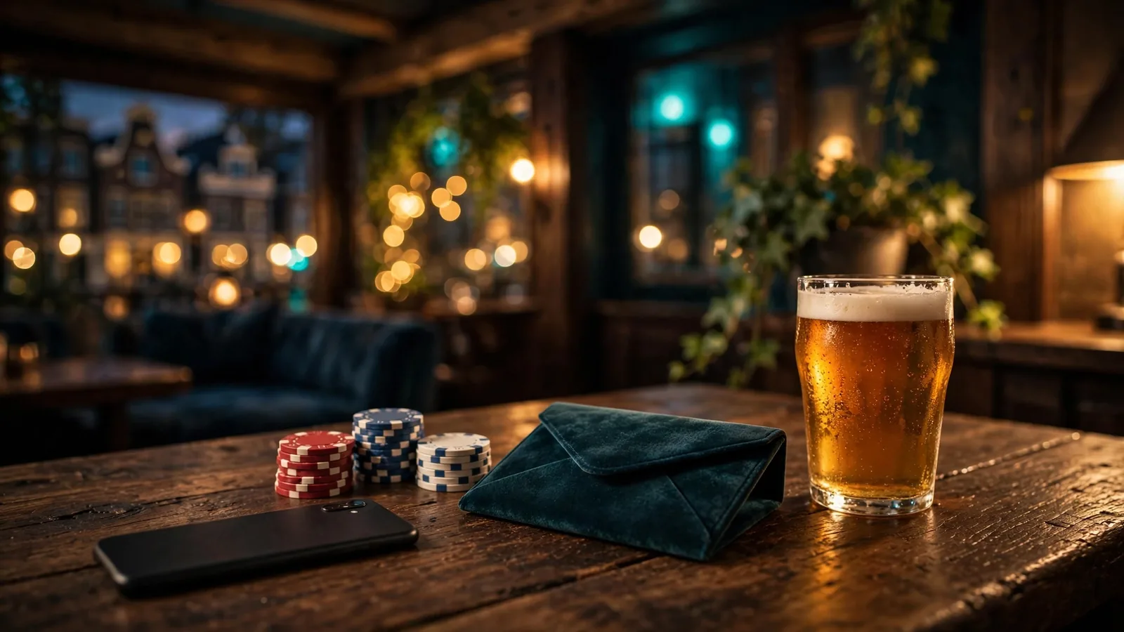 Stapel casinofiches op een houten tafel in een sfeervolle Nederlandse lounge