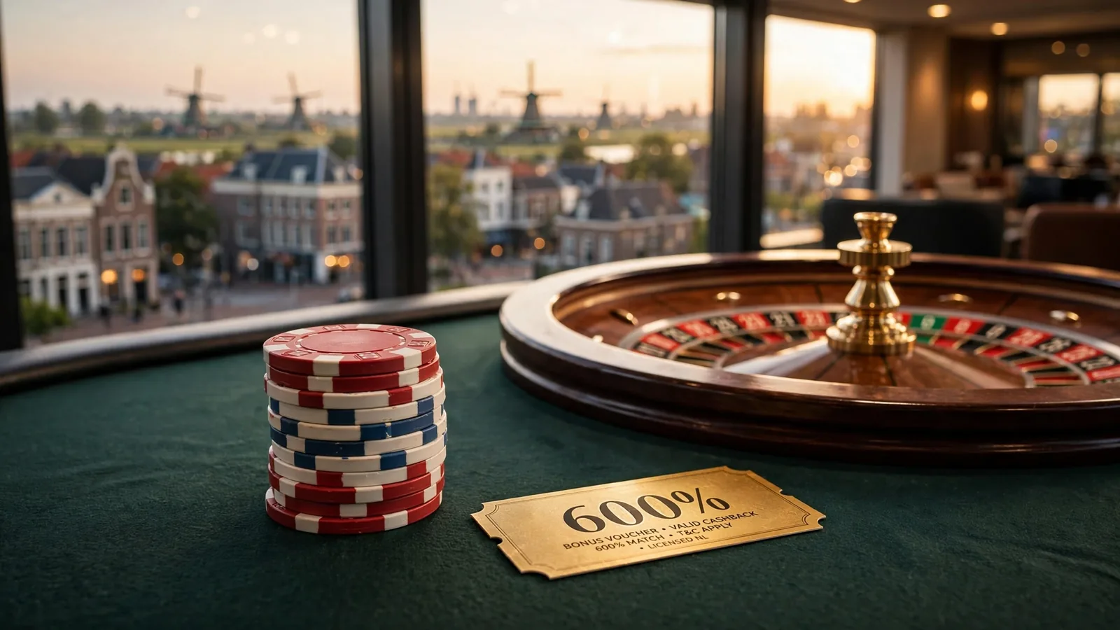 Stapel casinofiches en roulettewiel met een voucher voor 600% bonus op een groene tafel