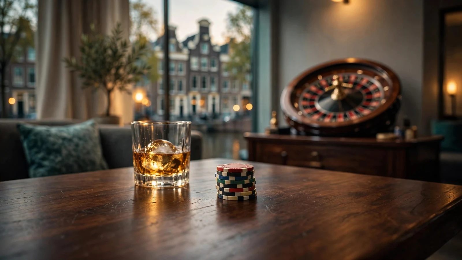 Stijlvolle casino-opstelling met fiches en roulettewiel in warm licht