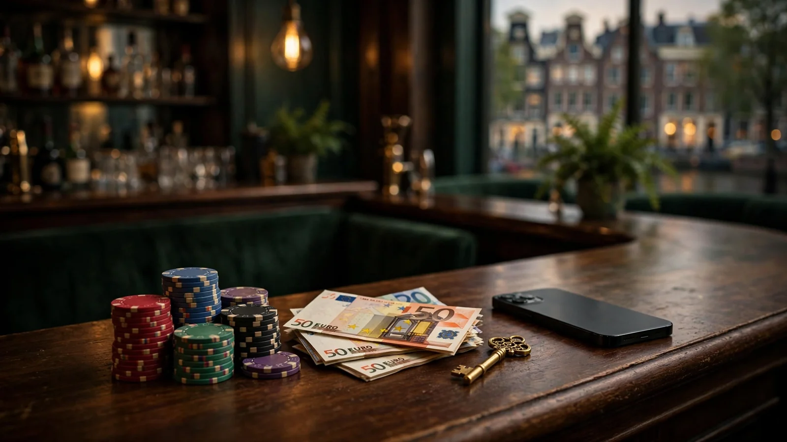 Casinochips en eurobiljetten bij een smartphone in een casino-achtige setting.