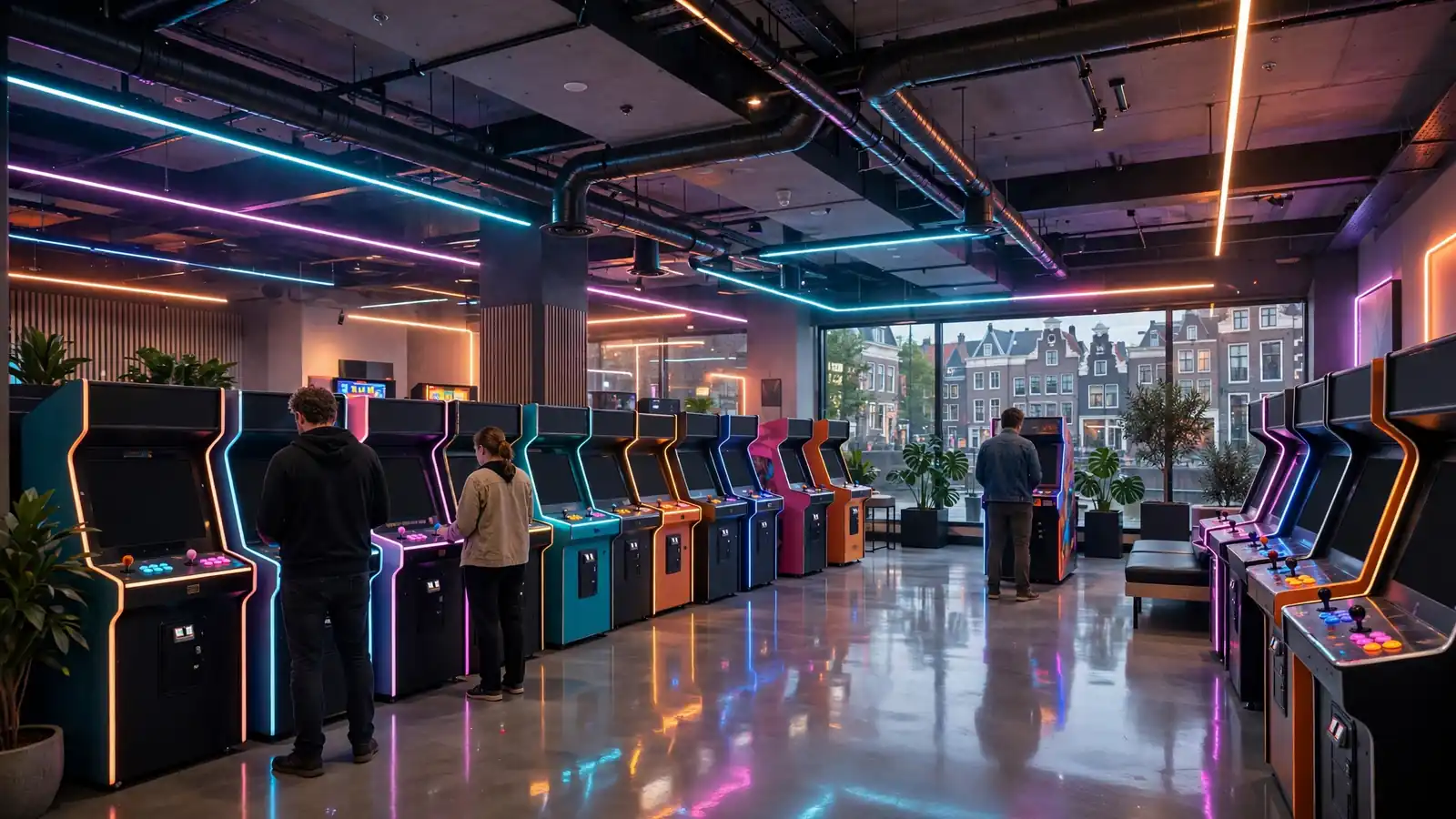 Interieur van een moderne Nederlandse speelhal met kleurrijke arcade-automaten en sfeerverlichting.