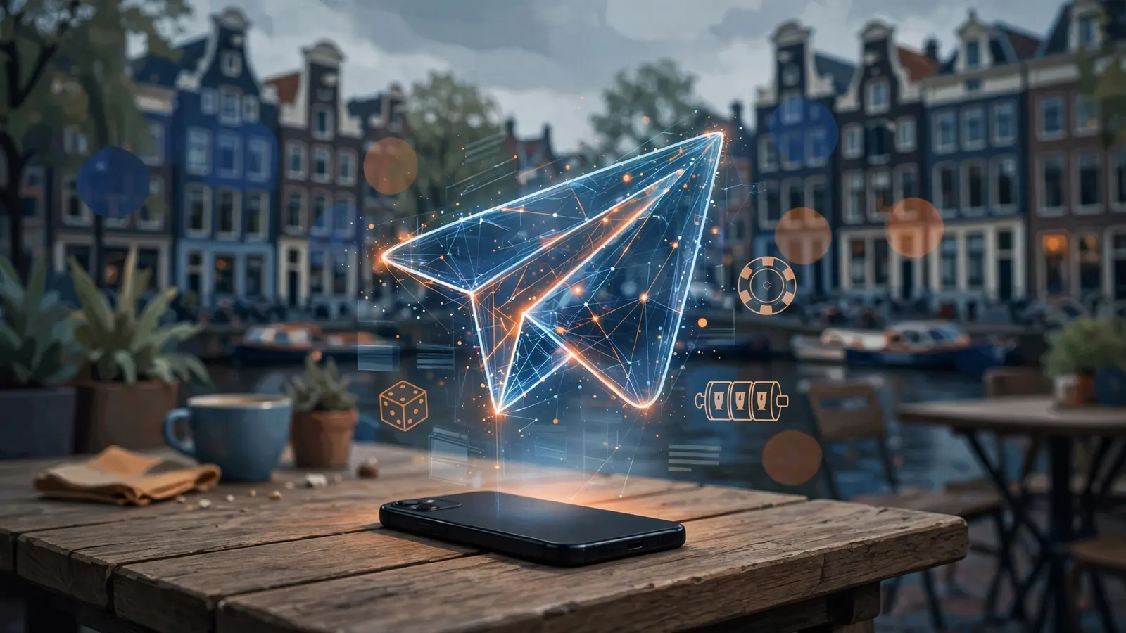 Smartphone met Telegram-pictogram boven een Amsterdamse gracht, symbolisch voor illegale casino's.