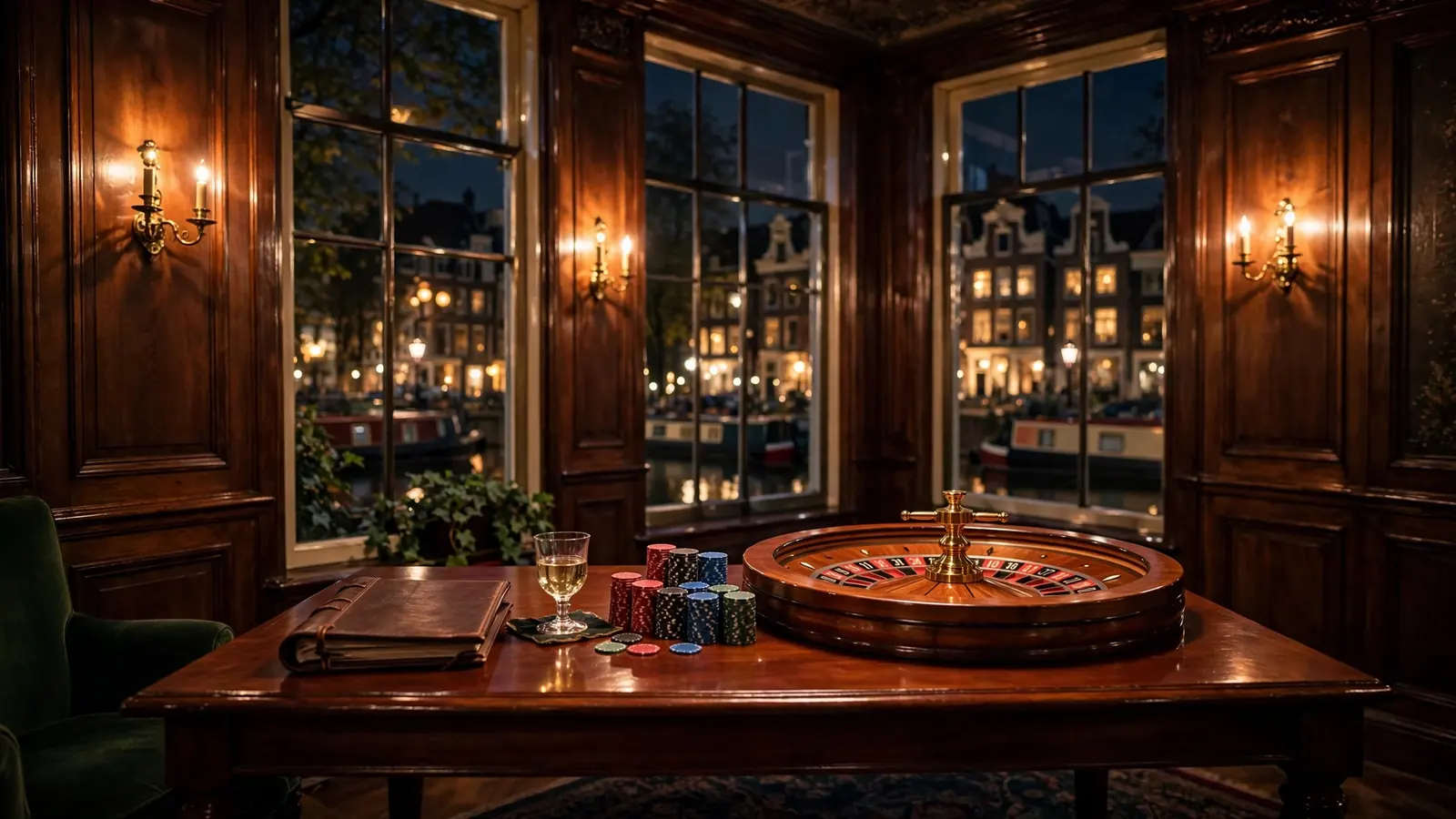 Elegante Amsterdamse VIP-lounge met casinotafel, fiches en roulettewiel