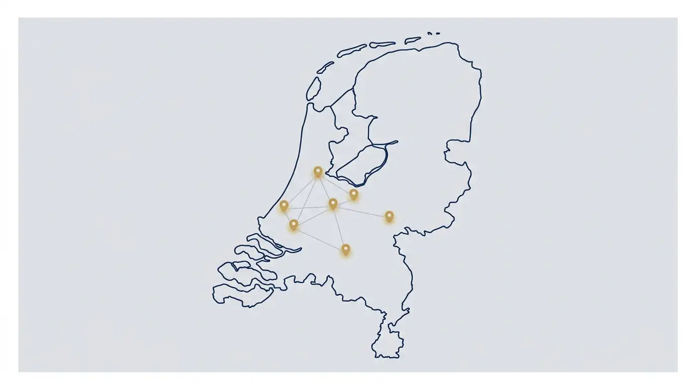 Schematische kaart van Nederland met vijf gemarkeerde locaties die de hoofdvestigingen van Jellinek aanduiden voor verslavingszorg